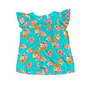 Moa Floral Blouse 1x Mumu Dress Ruffled Sleeves Aqua Pink Orange Neon Boho